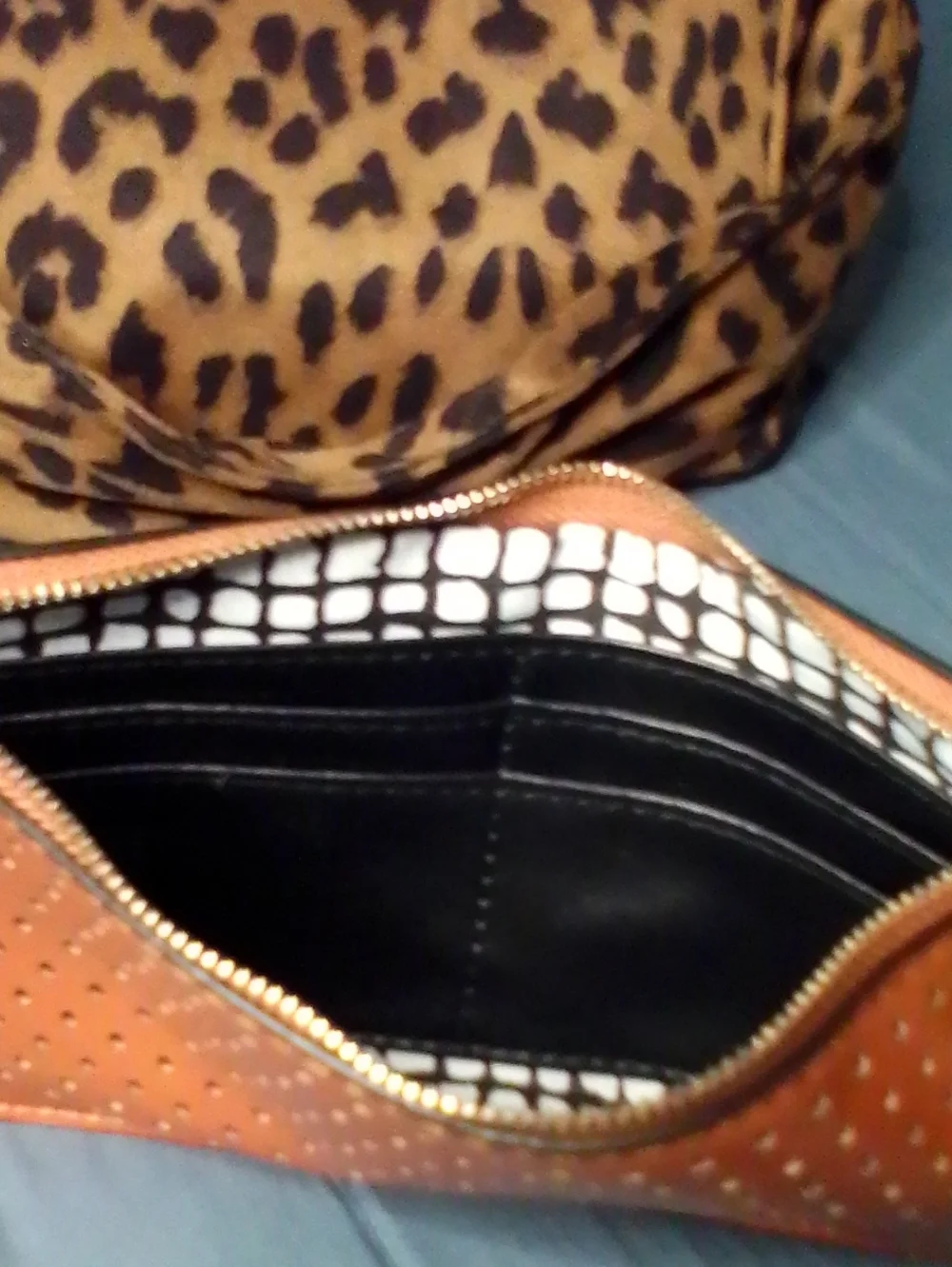 Leopard Print Shoulder Bag with Tan Perforated Wristlet